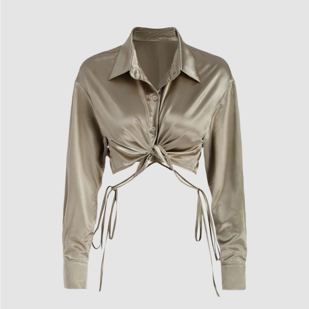 Gold Satin Tie-Waist Cropped Blouse